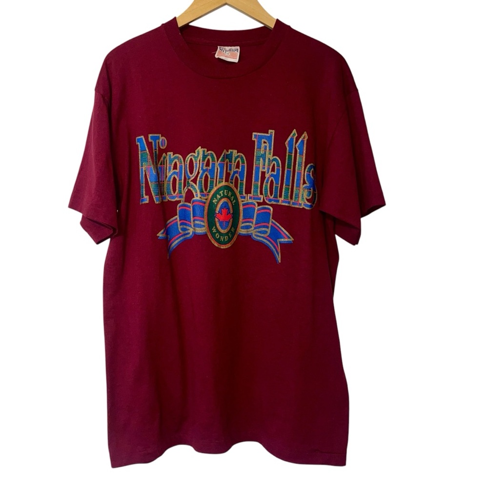 VTG Niagara Falls Cityscape T Shirt Sz LG Made In CA Maroon SS Natural Wonder